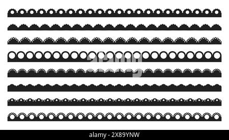 Bordo smerlato divisorio a righe sagomate nere, collezione di nastri isolata su sfondo bianco. Ornamento tradizionale semplice con cerchi e nastro ricamato. Illustrazione vettoriale Illustrazione Vettoriale