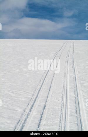 Le piste per motoslitte si estendono su una vasta montagna incontaminata e innevata in Svezia sotto un cielo azzurro e luminoso. Il tranquillo paesaggio invernale Foto Stock