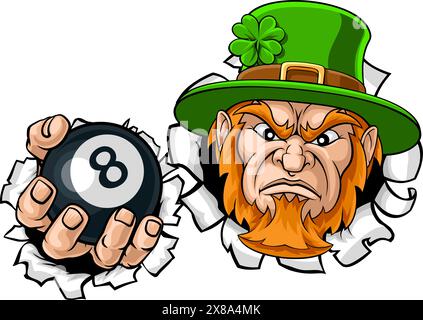 Leprechaun piscina 8 Ball Biliardo Mascot Cartoon Illustrazione Vettoriale