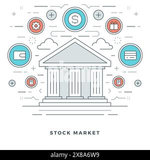 Concetto di operazioni di mercato azionario flat line. Illustrazione vettoriale. Icone vettoriali lineari sottili moderne. Grafica intestazione sito Web, banner, infografica Illustrazione Vettoriale