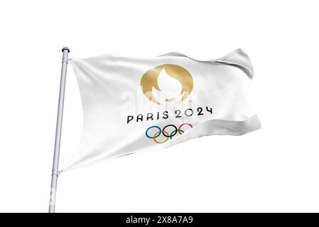 Vista dall'alto della bandiera dei giochi olimpici francesi 2024 con texture grunge. nessun flagpole. Design del piano, layout. Logo ufficiale di SOG 2024 a Parigi Foto Stock