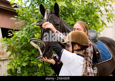 Primo piano di mani che regolano un brillo su un cavallo. Foto Stock