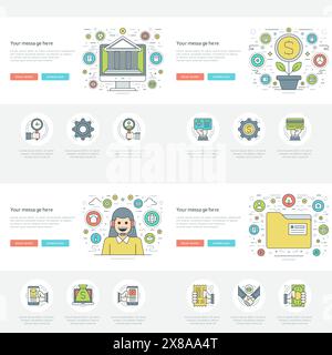 I concetti aziendali flat line definiscono illustrazioni vettoriali. Icone vettoriali lineari sottili moderne. Per grafica siti Web, progettazione infografica, M promozionale Illustrazione Vettoriale
