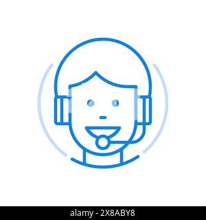 Vettore della linea dell'icona del servizio di assistenza. Operatore del servizio clienti online con cuffie e microfono. Assistenza telefonica 24 ore su 24 per il negozio online Illustrazione Vettoriale