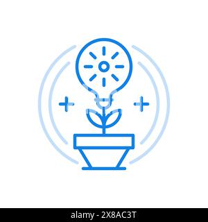 Icona del vettore di crescita del business. Nuova lampadina innovativa e creativa, frutto di un'idea di successo che è nata dall'erba. Intelligenza aziendale costruttiva Illustrazione Vettoriale