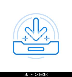 Caricamento dei file icona della linea vettoriale dei supporti rimovibili. Riempimento online di informazioni su disco rigido e unità flash USB. Freccia rivolta verso il basso, rettangula Illustrazione Vettoriale