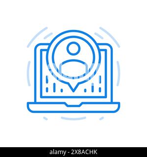 Icona della linea vettoriale della conferenza online. Tecnologie di comunicazione web e lavoro remoto. Simbolo del carattere in cerchio sullo schermo del notebook. Conduzione di un webinar Illustrazione Vettoriale