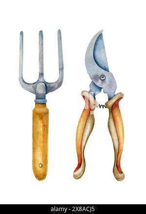 Set di acquerelli con attrezzi da giardinaggio. Utensili da giardinaggio, cesoie per potatura, spatola, rastrello su sfondo bianco. Disegnato a mano. Foto Stock