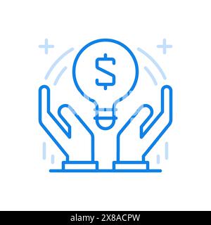 Icona della linea vettoriale dell'idea finanziaria creativa. Sistema di marketing costruttivo dello sviluppo monetario. Le mani tengono in mano la lampadina con simbolo moneta. Innovativo b Illustrazione Vettoriale