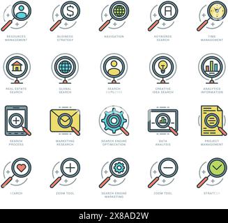 Set di icone con linea piatta. Icone vettoriali lineari sottili e alla moda concetto del motore di ricerca. Per grafica di siti Web, applicazioni mobili, progettazione infografica, Broc Illustrazione Vettoriale