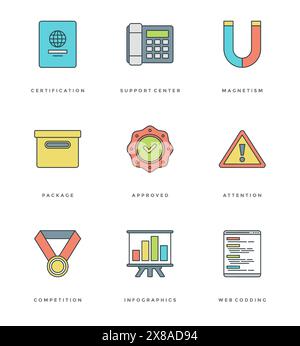 Set di icone semplici con linea piatta. Simboli oggetti essenziali del vettore di traccia lineare sottile. Per grafica di siti Web, applicazioni mobili, progettazione infografica, brochure, B. Illustrazione Vettoriale