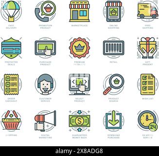 Set di icone con linea piatta. Icone vettoriali sottili e moderne, alla moda, concetto di shopping ed e-Commerce. Per grafica di siti Web, applicazioni mobili, infografiche de Illustrazione Vettoriale