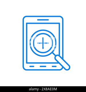 Controllo dell'icona della linea vettoriale dei gadget elettronici. Test dei dispositivi e delle applicazioni installate. La lente d'ingrandimento con croce al centro esamina lo smartphone. C Illustrazione Vettoriale