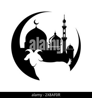 EID al-Adha illustrazione celebrativa con sagoma di moschea e animali di capra Illustrazione Vettoriale