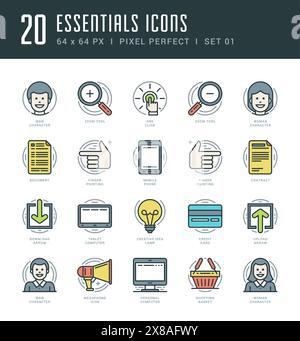 Set di icone con linea piatta. Icone vettoriali lineari sottili e moderne Concept oggetti essenziali. Per grafica di siti Web, applicazioni mobili, progettazione infografica, Illustrazione Vettoriale