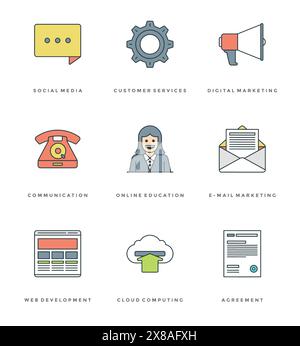 Set di icone semplici con linea piatta. Concetto oggetti essenziali icone vettoriali di traccia lineare sottile. Per grafica di siti Web, applicazioni mobili, progettazione infografica, Brochu Illustrazione Vettoriale