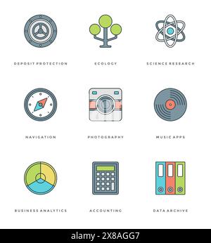 Set di icone semplici con linea piatta. Simboli oggetti essenziali del vettore di traccia lineare sottile. Per grafica di siti Web, applicazioni mobili, progettazione infografica, brochure, B. Illustrazione Vettoriale