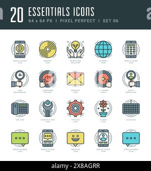 Set di icone di linea. Concetto di oggetti essenziali con vettore lineare sottile e alla moda, piatto e sottile. Per grafica di siti Web, applicazioni mobili, progettazione infografica, Broch Illustrazione Vettoriale
