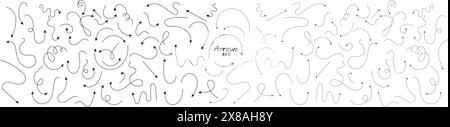 Grande serie di frecce disegnate a mano con linee sottili e linee tratteggiate. Raccolta di puntatori vettoriali curvi neri che puntano in direzioni diverse. Design semplice Illustrazione Vettoriale