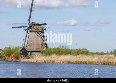 Mulino a vento sull'acqua, circondato da canne, con cielo azzurro e acqua calma, mulini a vento su un fiume nei Paesi Bassi, nel mezzo di ampi campi A. Foto Stock