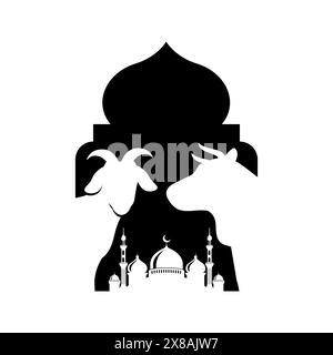 Sfondo vettoriale silhouette EID al-Adha Mubarak. Mucche e capre isolate sulla moschea ad arco Illustrazione Vettoriale