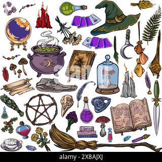 Collezione magica soprannaturale di elementi magici. Witch Things, stile vintage con incisioni retrò, grafica vettoriale Illustrazione Vettoriale