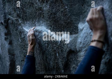 Scalatore che afferra la roccia a Magic Wood, Svizzera, vista ravvicinata Foto Stock