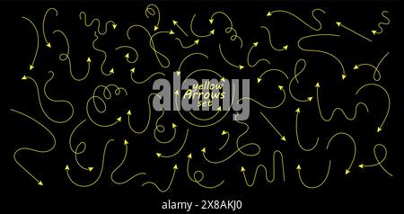 Serie di frecce con linee sottili disegnate a mano. Raccolta di puntatori curvi. Puntatori vettoriali neri che puntano in direzioni diverse. Elementi di design semplici di un Illustrazione Vettoriale