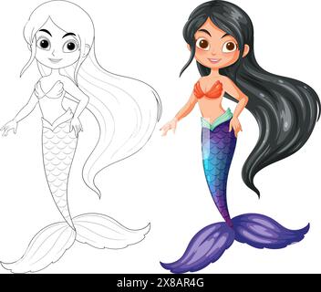 Illustrazione vettoriale di una sirena, grafica colorata e line art Illustrazione Vettoriale