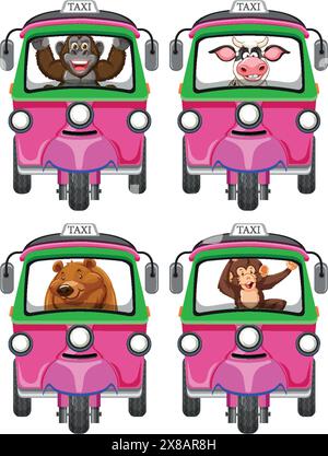 Animali cartoni animati in taxi, allegri e colorati Illustrazione Vettoriale