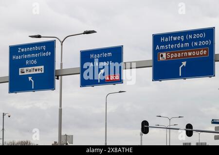 Indicazioni stradali per la città di Halfweg con varie destinazioni nei Paesi Bassi. Foto Stock