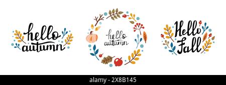 Cornice rotonda decorativa autunnale, modello con elementi autunnali: Foglie, ramoscelli, ghiande, bacche e scritte HELLO AUTUNNO. Illustrazione vettoriale disegnata a mano in stile Doodle. Set di lettere autunnali Illustrazione Vettoriale
