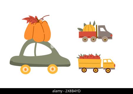 Il giorno del ringraziamento del festival autunnale fa da sfondo a un veicolo. Design da festa per il raccolto autunnale. Banner, bordo o biglietto di auguri per il giorno del Ringraziamento. Illustrazione Vettoriale