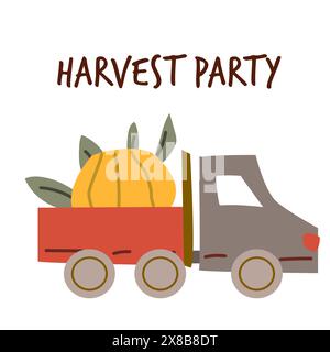 Il giorno del ringraziamento del festival autunnale fa da sfondo a un veicolo. Design da festa per il raccolto autunnale. Banner, bordo o biglietto di auguri per il giorno del Ringraziamento. Illustrazione Vettoriale