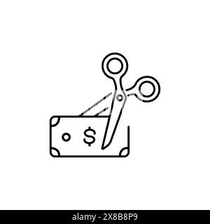 Icona moderna di riduzione dei costi o delle imposte, banconota bancaria o dollaro e vettore icona forbici Illustrazione Vettoriale