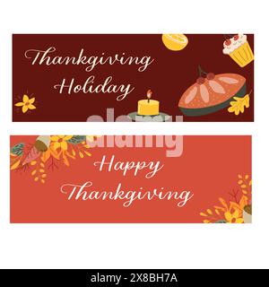 Striscione autunnale per il giorno del ringraziamento o biglietto di auguri con foglie. Design celebrativo per il festival del raccolto, grazie al cibo e ai fiori confine autunnale. Illustrazione Vettoriale