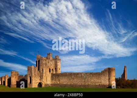 Castello di Trim del XIII secolo e il campanile giallo sulle rive del fiume Boyne a Trim, Contea di Meath, Irlanda Foto Stock