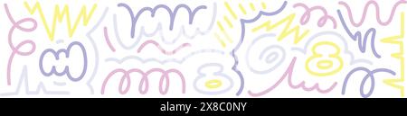 Motivo divertente per i bambini con forme colorate e coriandoli. Sfondo astratto con scarabocchi e linee. Illustrazione vettoriale piatta isolata Illustrazione Vettoriale