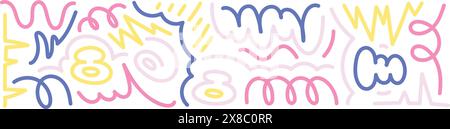 Motivo divertente con forme astratte e squiggini. Sfondo senza cuciture adatto ai bambini in colori brillanti. Pennellate disegnate a mano e consistenza coriandoli per Illustrazione Vettoriale