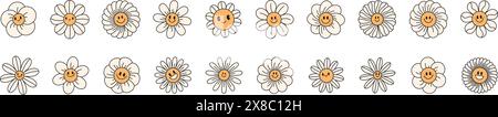 Graziosa faccia a margherita con emoji sorridente. Personaggio cartoni animati retrò con un'espressione felice. Adesivo grafico Y2K. Illustrazione vettoriale piatta isolata Illustrazione Vettoriale