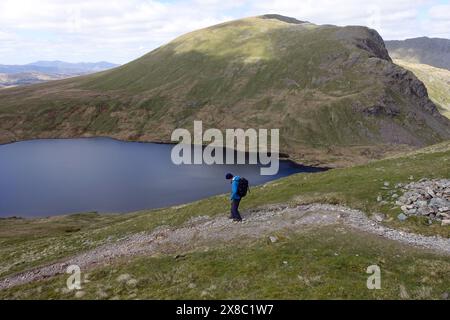 Lone Man (escursionista) camminando lungo il Wainwright 'Fairfield' fino a Grisedale Hause e Grisedale Tarn nel Lake District National Park, Cumbria, Inghilterra, Regno Unito. Foto Stock