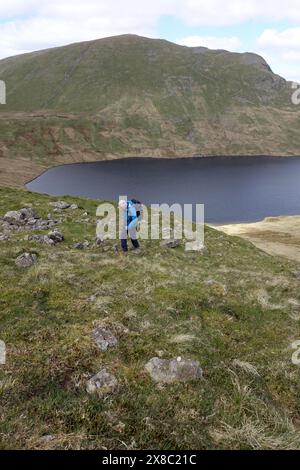 Lone Man (escursionista) camminando fino al Wainwright 'Seat Sandal' da Grisedale Hause e Grisedale Tarn nel Lake District National Park, Cumbria, Inghilterra. Foto Stock