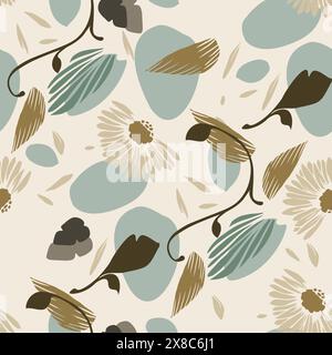 Motivo floreale blu e oro senza cuciture con foglie e petali fluttuanti - design vettoriale senza cuciture Illustrazione Vettoriale