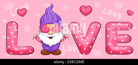 Word Love e simpatico gnomo cartoni animati con cuori. Illustrazione vettoriale dell'uomo nano su sfondo rosa con cuori. Illustrazione Vettoriale