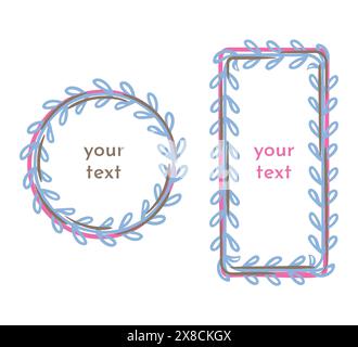Cornice originale, set di bordi in stile Doodle art. Tratti di pennello disegnati a mano, lascia elementi grafici. Contorno della corona circolare, forme geometriche quadrate Illustrazione Vettoriale