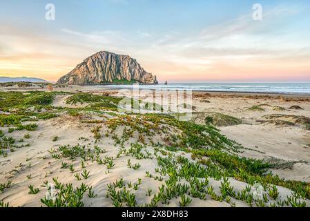 Alba a Morro Bay, California, con vista su Morro Rock. Foto Stock