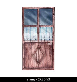 La porta è realizzata in stile retrò. Porta in legno vintage con tende. Illustrazione ad acquerello realizzata a mano. Evidenziarlo. Un elemento di design per la casa, c Foto Stock