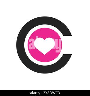 Lettera C con cuore, modello logo e icona, illustrazione vettoriale semplice Illustrazione Vettoriale