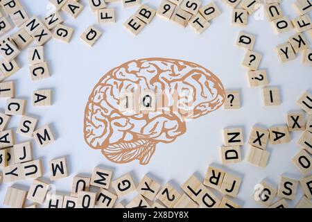 Silhouette del cervello, IQ di parola, lettere di legno, quoziente di intelligenza su sfondo di legno, indicatore quantitativo che esprime il successo, concetto di concep Foto Stock