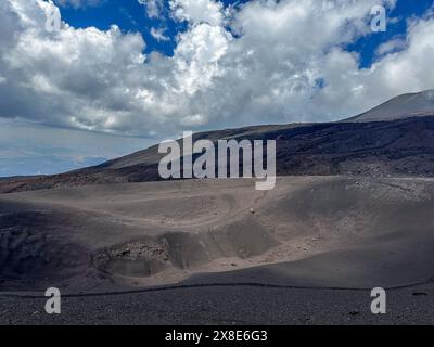 Etna, Sicilia - il vulcano attivo più alto d'Europa 3329 m in Italia. Ampia vista panoramica del vulcano attivo Etna, crateri estinti sul pendio, t Foto Stock